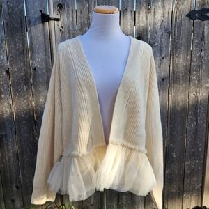 Cream Rib-Knit Open Front Cardigan Tulle Ruffle Hem Coquette Feminine Romantic